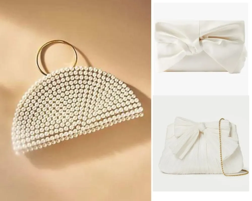 Solda altın halka saplı, yarım ay formunda taşlarla süslenmiş gelin çantası; sağ üstte düğüm detaylı sade beyaz clutch; sağ altta ise fiyonk süslemeli, altın zincir askılı gelin çantası.