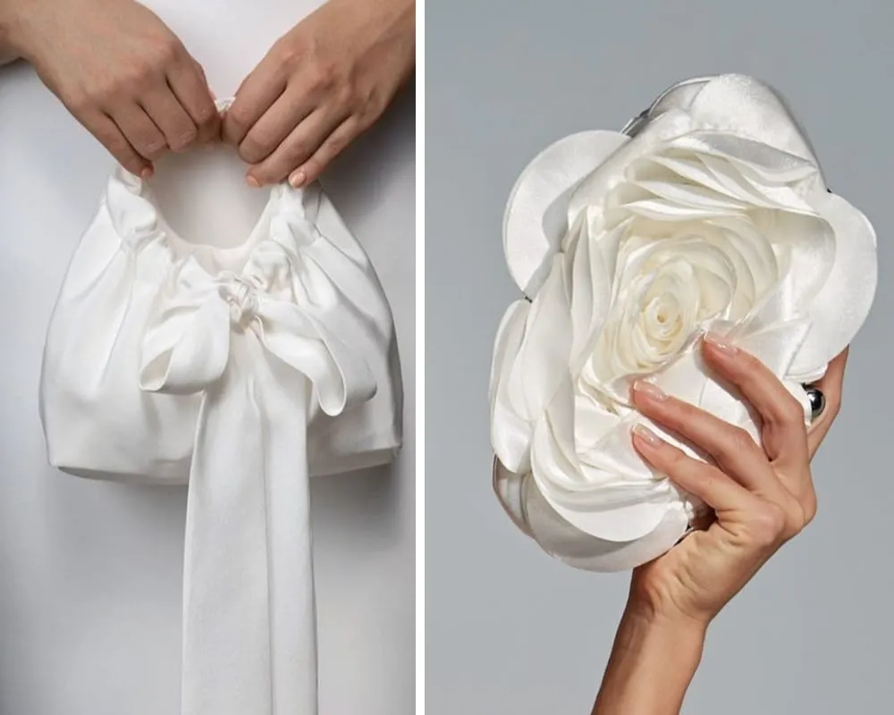 Sol tarafta fiyonk detaylı, dökümlü saten beyaz gelin çantası; sağda ise büyük gül formunda tasarlanmış romantik bir beyaz clutch gelin çantası.