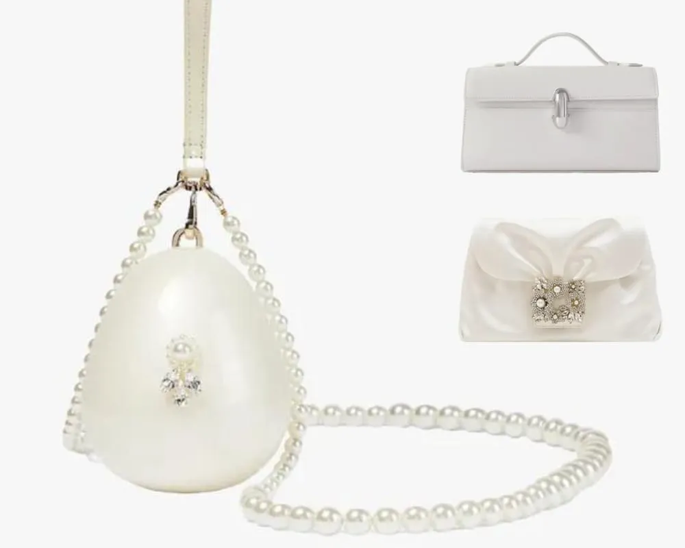 Sol tarafta inci saplı ve taş süslemeli yumurta formunda gelin çantası; sağ üstte modern saplı beyaz deri gelin çantası, sağ altta ise taş tokalı fiyonk detaylı saten clutch çanta.