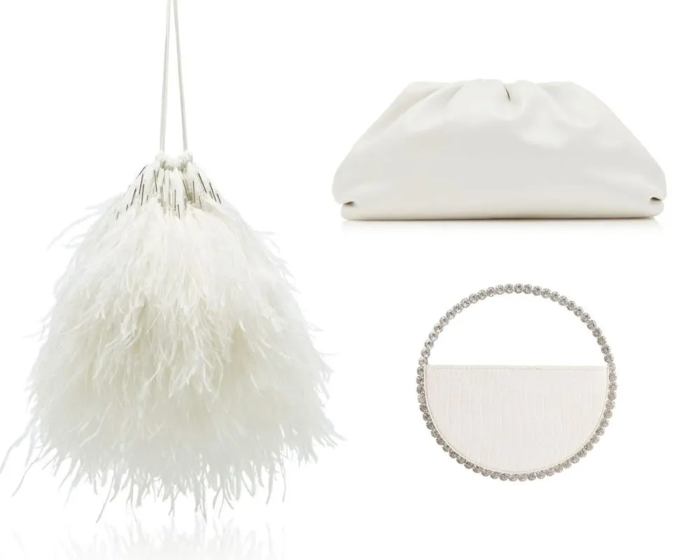 Sol tarafta püsküllü beyaz tüylerle tasarlanmış gösterişli gelin çantası; sağ üstte sade, bulut formlu beyaz clutch; sağ altta ise yarım daire şeklinde taş saplı modern gelin çantası.