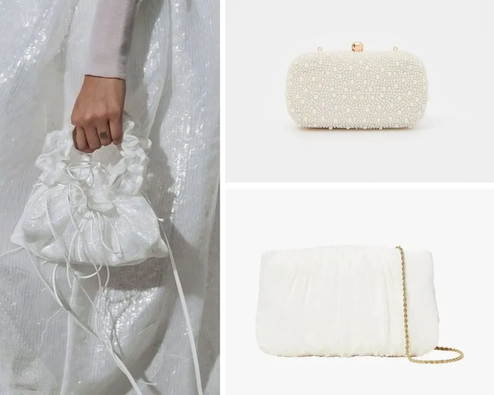 Solda saten ve sim detaylı, büzgülü ip saplı zarif gelin çantası; sağ üstte inci süslemeli dikdörtgen formda klasik clutch; sağ altta ise altın zincir saplı, pilili beyaz kumaş gelin çantası.