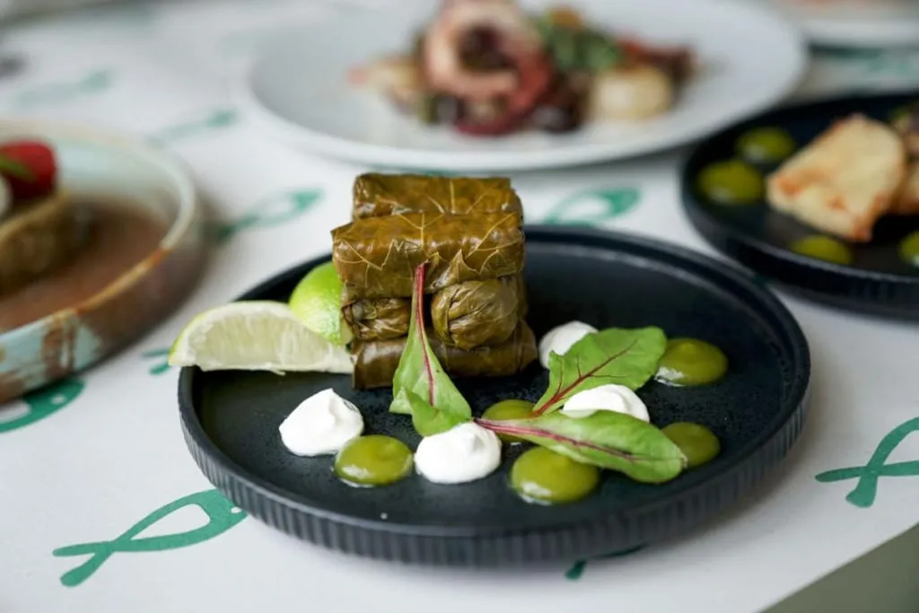 Selanik’in en iyi restoranlarından birinde, koyu renkli, çizgili bir tabak üzerinde özenle dizilmiş yaprak sarmalar, yanında taze limon dilimi, beyaz krema, yeşil sos damlaları ve garnitür yapraklarıyla Selanik gastronomisinin zenginliğini yansıtan çağdaş bir sunumla iştah açıcı görünüyor.