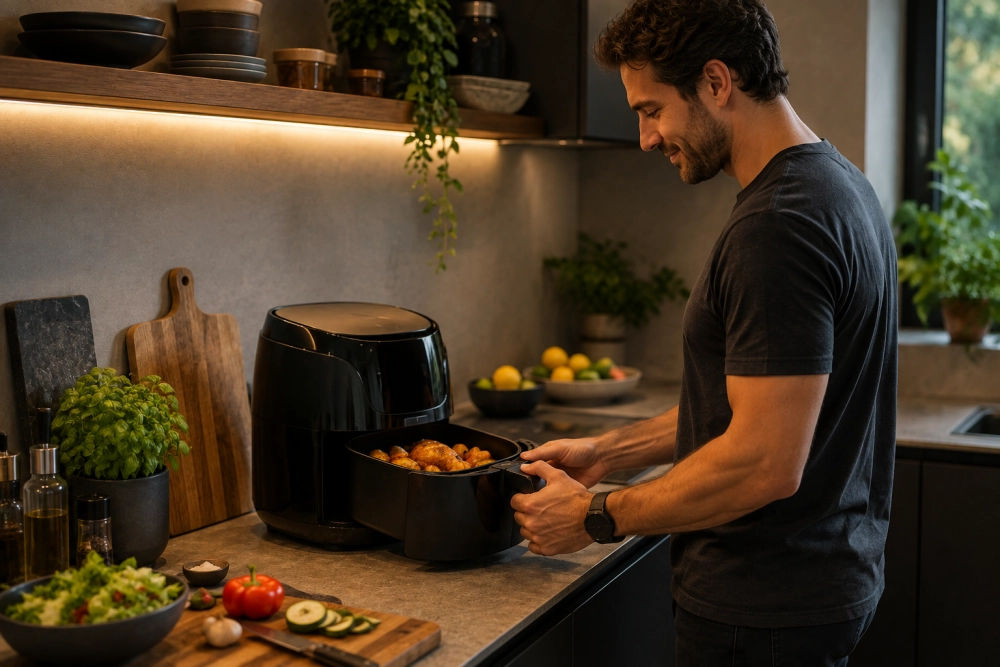 Mutfağında gülümseyen bir adam, tezgahtaki airfryer küçük ev aletinin sepetinden sıcak ve iştah açıcı görünen sağlıklı kızartmaları çıkarırken, yanında taze salata ve doğranmış sebzelerle yemek hazırlığı yapıyor.