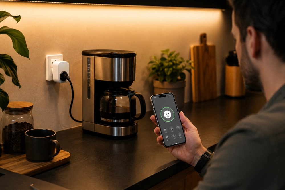 Mutfak tezgahında kahve makinesine takılı beyaz bir akıllı priz görülürken, bir adam elindeki akıllı telefon ekranında prizin uzaktan kontrolü ve elektrik tüketimi ölçümü için tasarlanmış uygulamayı dikkatle inceliyor.