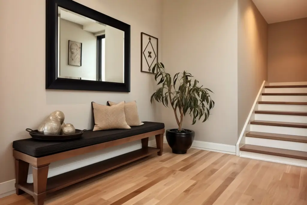 Modern antre dekorasyonu, siyah çerçeveli ayna, ahşap oturma bankı, dekoratif yastıklar ve köşede büyük saksıda yeşil iç mekân bitkisi
