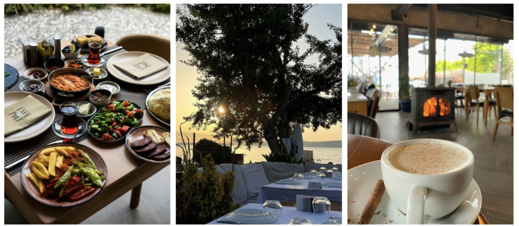 Çanakkale Seyahat Rehberi'nde öne çıkan Cafe du Port'tan üç kare: Zengin bir kahvaltı sofrası, Güzelyalı sahilinde gün batımı eşliğinde deniz kenarı yemek düzeni ve içinde yanan şöminesiyle sıcak bir iç mekan kahve keyfi, bu keyifli durağın farklı atmosferlerini gözler önüne seriyor.