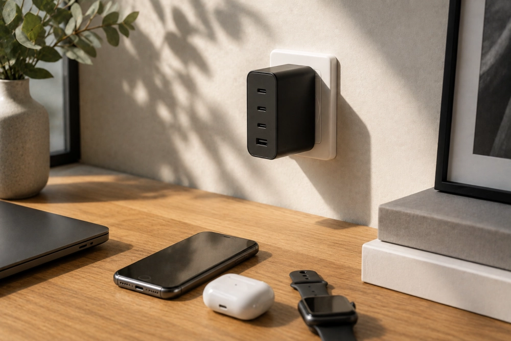 Duvara takılı siyah renkli, iki Type-C ve iki standart USB olmak üzere dört portlu çoklu USB şarj adaptörü, ahşap masa üzerinde duran laptop, akıllı telefon, kablosuz kulaklık ve akıllı saat gibi çeşitli cihazları hızlı şarj etme potansiyelini vurgulayan modern bir masaüstü düzenini gösteriyor.