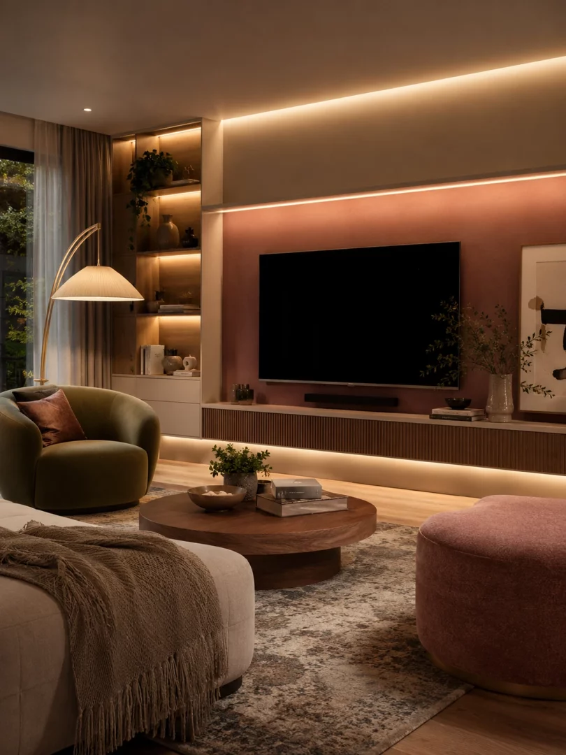 Modern bir oturma odasında, TV ünitesi etrafındaki ve duvardaki rafların arkasındaki gizli LED aydınlatmalar, odanın sıcak ve davetkar atmosferini belirgin şekilde vurgulayarak dekorasyonda estetik bir derinlik katıyor.