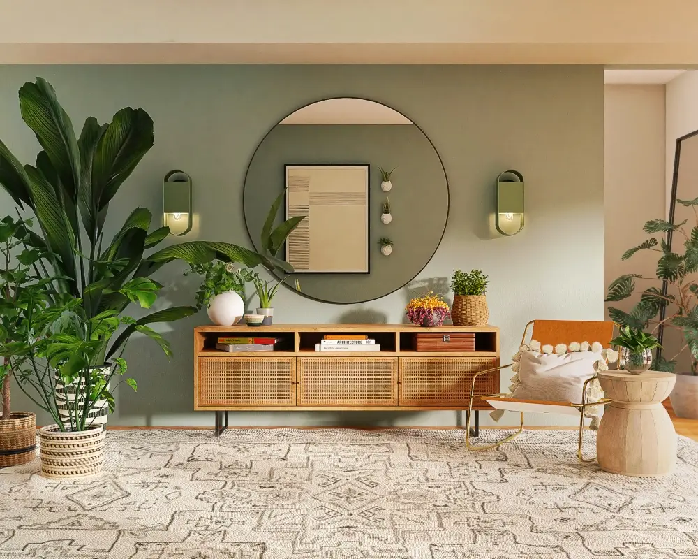 Yeşil duvarlı modern giriş alanında büyük iç mekân bitkileri, rattan dresuar, yuvarlak ayna ve doğal tonlarda dekorasyon detayları.