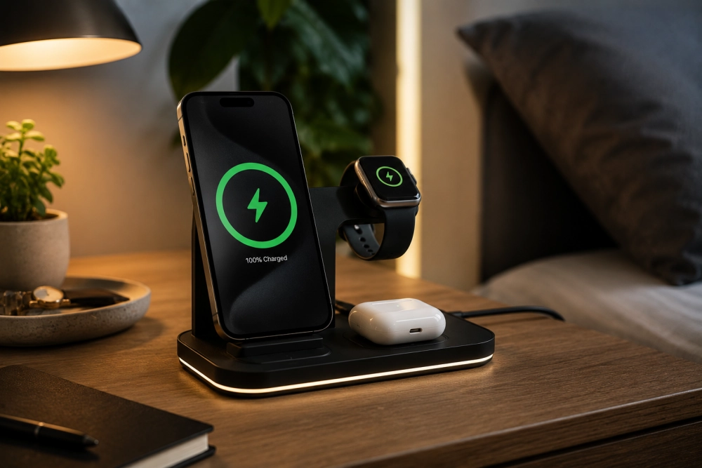 Ahşap bir komodin üzerinde duran, alt kısmında parlak beyaz bir aydınlatma şeridi bulunan modern siyah bir kablosuz şarj standı, ekranında yüzde yüz şarj edilmiş olduğunu gösteren bir iPhone, hemen yanında şarj simgesi görünen bir Apple Watch ve tabanında beyaz bir AirPods kılıfını aynı anda düzenli bir şekilde sergiliyor.