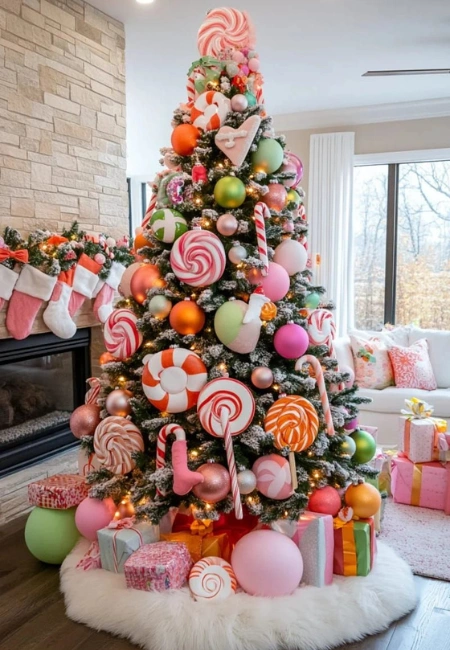 Pembe, turuncu ve pastel tonlarda şekerlemeli süslerle dekore edilmiş candy theme yılbaşı ağacı ve renkli hediye paketleri.