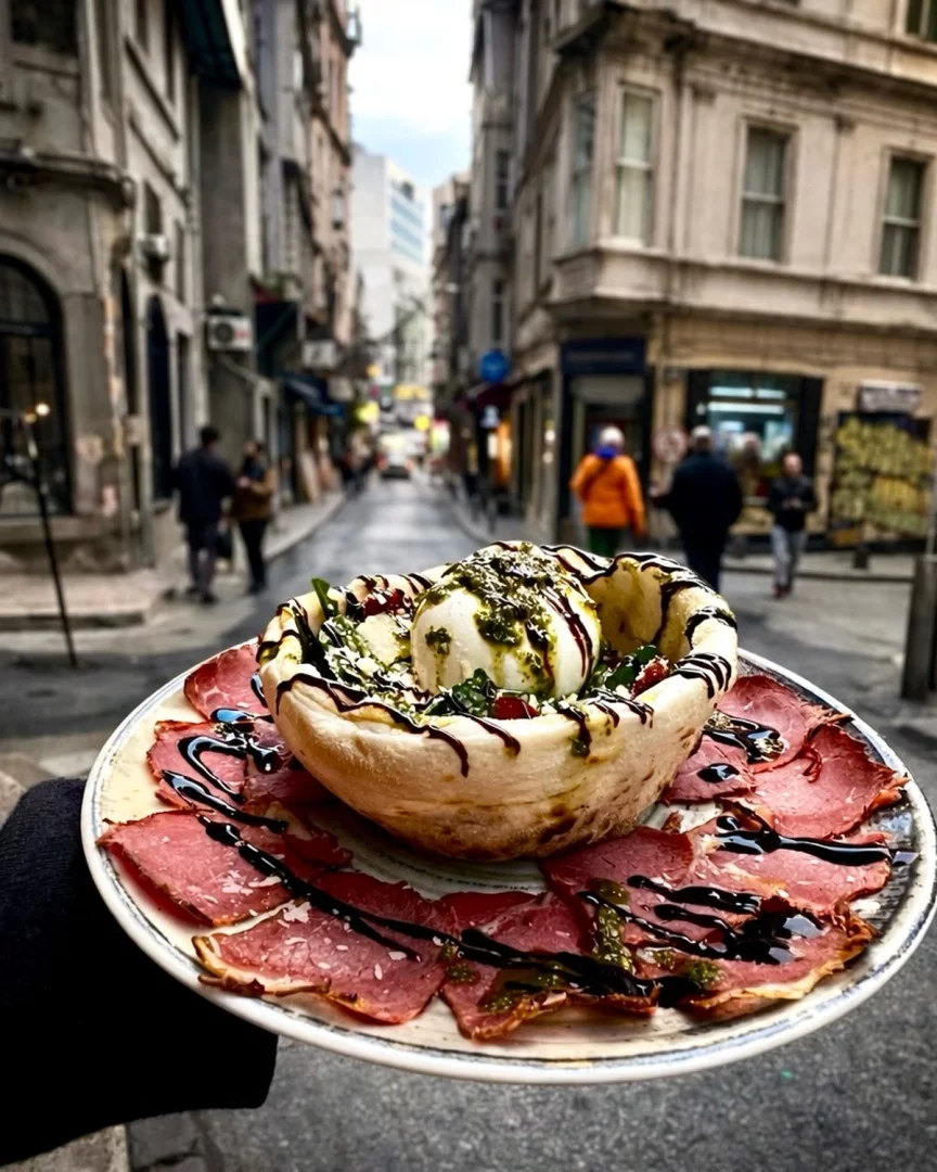 İstanbul'un Çukurcuma bölgesindeki tarihi bir sokakta, bir elin tuttuğu tabakta, pesto ve balzamik sosla süslenmiş ekmek kaseli burrata peyniri ve yanında ince dilimlenmiş pastırma iştah açıcı görünüyor.