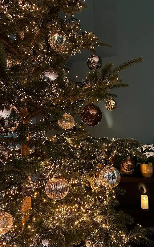 Alsace Noel Pazarları atmosferini yansıtan, ışıklarla ve parlak cam süslerle dekore edilmiş yılbaşı ağacı detayı.