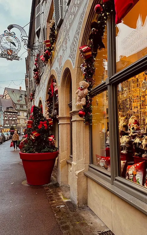 Colmar’da Alsace Noel Pazarları döneminde yılbaşı süslemeleriyle dekore edilmiş sokak, mağaza vitrinleri ve büyük kırmızı saksıda yer alan Noel ağacı.