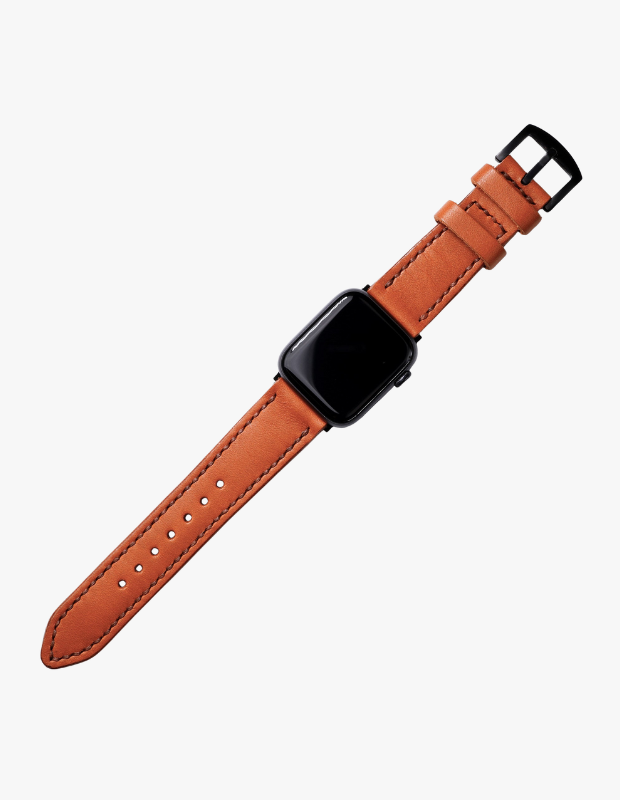 Apple Watch için turuncu gerçek deri kordon; siyah detaylı modern ve premium akıllı saat kayışı modeli.