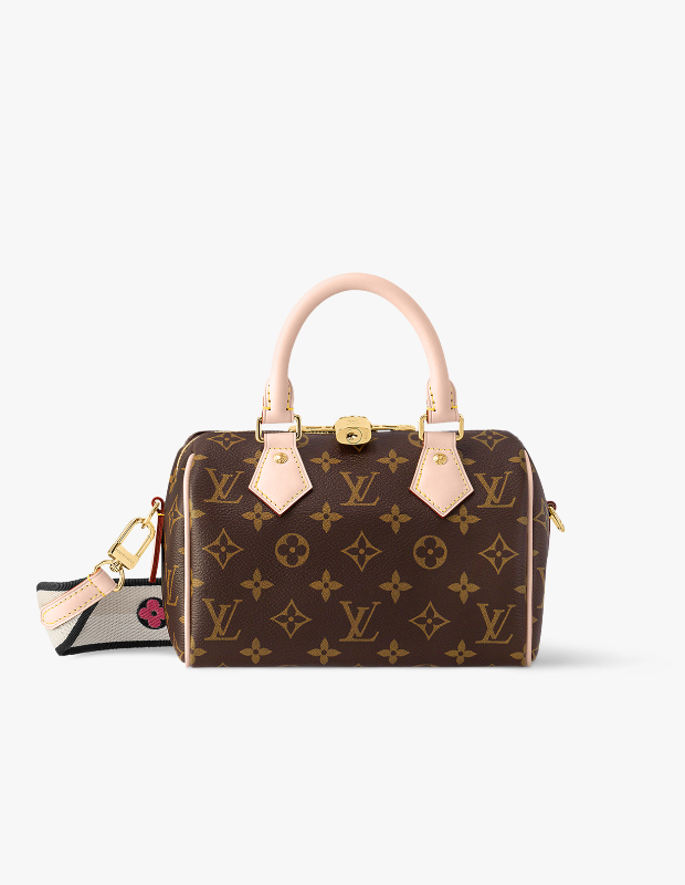 Louis Vuitton monogram desenli mini Speedy çanta; kahverengi deri, pembe sap detayları ve altın donanımlı lüks kadın el çantası.
