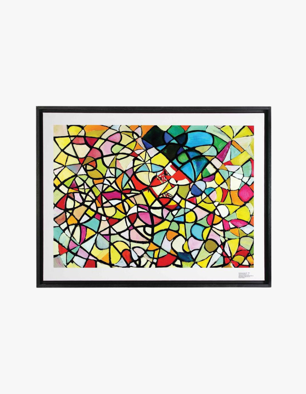 Soyut ekspresyonist tarzda, çok renkli geometrik formlardan oluşan çerçeveli modern sanat tablosu.