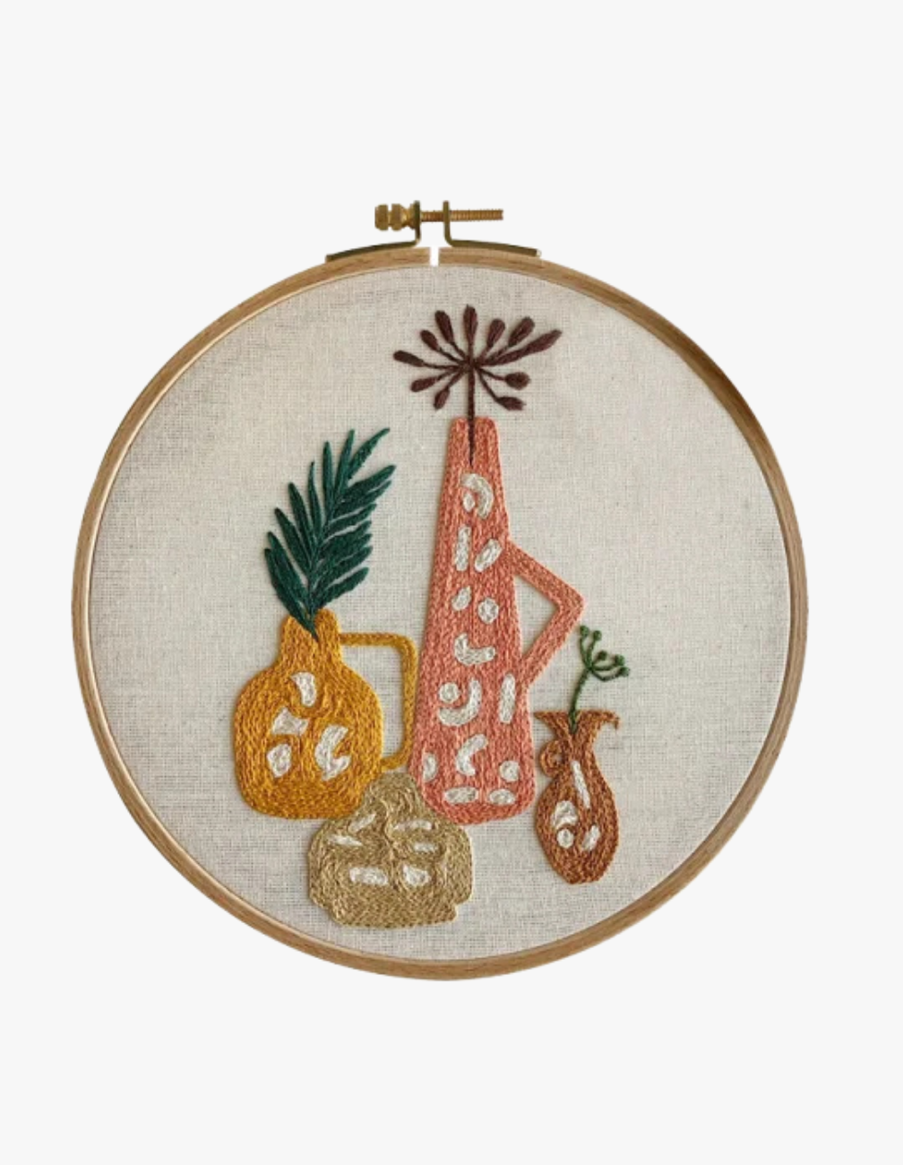 Vazolar ve bitki motifli el yapımı nakış duvar dekoru – modern boho ev aksesuarı.
