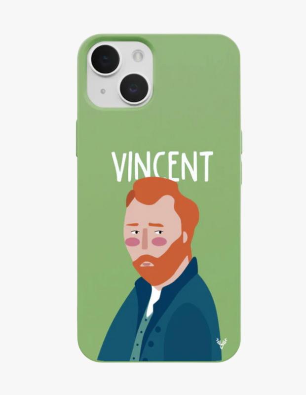 Vincent Van Gogh illüstrasyonlu, yeşil arka planlı sanatsal telefon kılıfı.