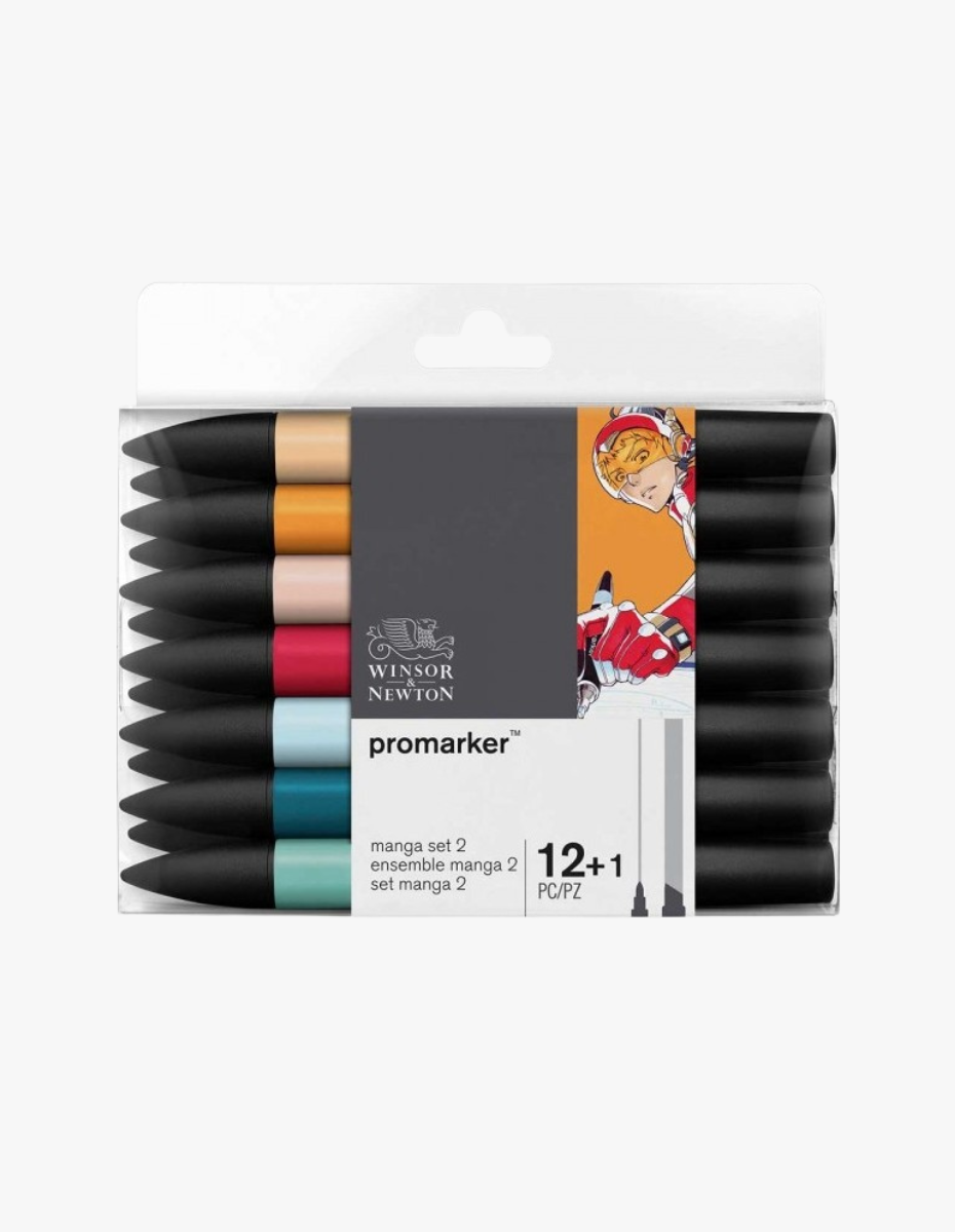 Winsor & Newton Promarker 12+1 manga çizim kalemi seti; illüstrasyon ve tasarım için profesyonel marker kalem seti.