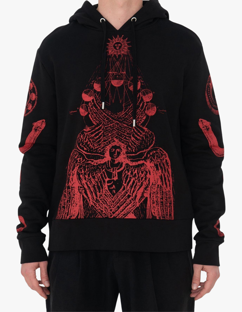 Siyah kapüşonlu, kırmızı grafik baskılı unisex sweatshirt – sanat ve sokak stili temalı tasarım.