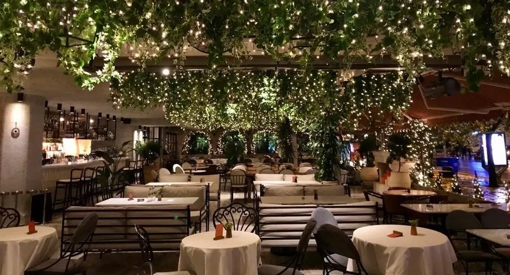 Suadiye Strada restoranında ışıklarla süslenmiş iç mekan ve yeşil dekorasyon