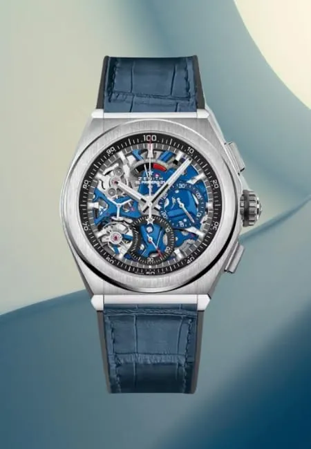 Zenith El Primero Chronomaster modeli, mavi iskelet kadranlı, paslanmaz çelik kasalı ve mavi deri kayışlı yüksek frekanslı kronograf İsviçre lüks saati