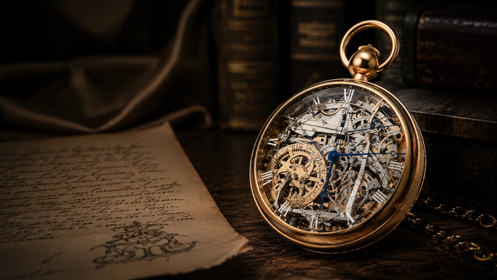 İç mekanizması tamamen görünür olan altın rengi, zarif bir Breguet Grande Complication Marie Antoinette vintage cep saati, karmaşık çarkları ve mavi ibreleriyle dikkat çekerken, solunda el yazması eski bir kağıt ve arkasında kitaplarla dolu bir masanın üzerinde duruyor.