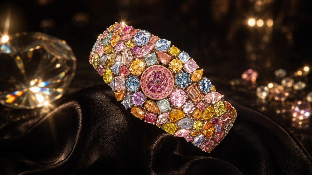 Siyah ipeksi bir zemin üzerinde ışıl ışıl parlayan, merkezinde pembe değerli taşlarla çevrili saati ve etrafında farklı renk ve kesimlerde yüzlerce elmasla bezeli Chopard'ın 201 karatlık pırlanta saati, arka plandaki büyük bir elmasın ışıltılarıyla zengin bir görüntü sunuyor.