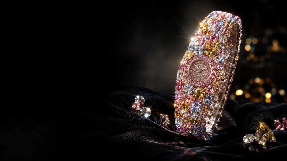Karanlık kadife bir zeminde duran, pembe, sarı, mavi ve beyaz pırlantalarla bezenmiş, merkezinde pembe pırlantalı kadranı olan Graff Diamonds Hallucination pırlanta kol saati, göz kamaştırıcı bir ışıltıyla parlıyor ve dünyanın en pahalı saatlerinden biri olduğunu hissettiriyor.