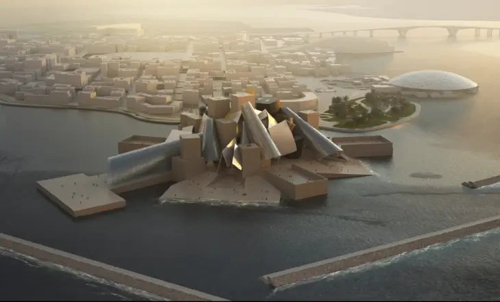 Frank Gehry tarafından tasarlanan, farklı yükseklik ve geometrik şekillerdeki binalardan oluşan, suyla çevrili adacık üzerinde yer alan Guggenheim Abu Dhabi Müzesi'nin geniş bir açıyla çekilmiş, mimari zarafetini vurgulayan modern bir havadan görünümü.
