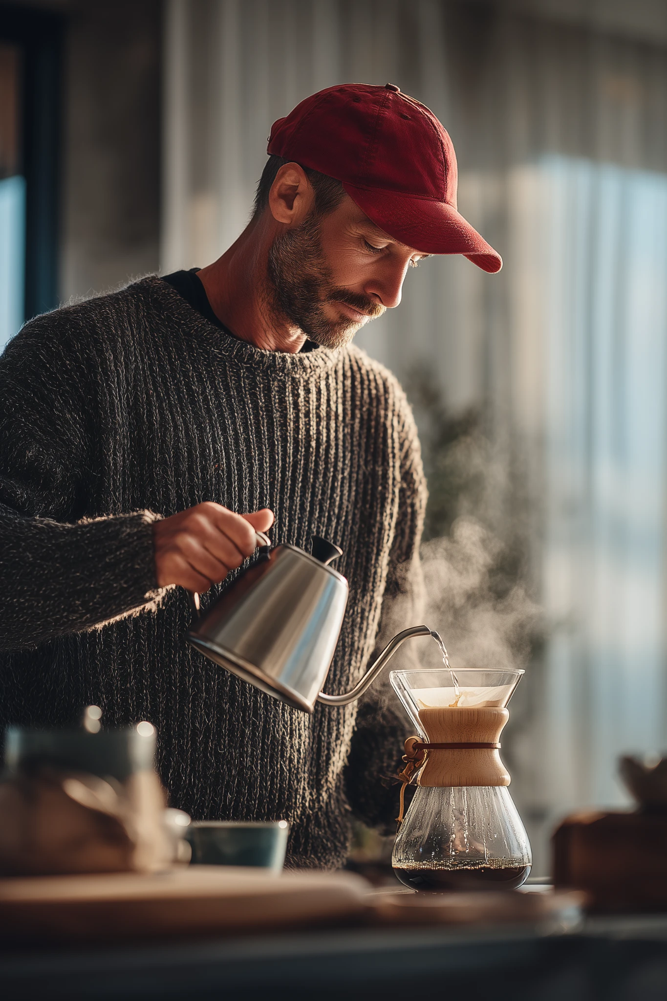 Ev ortamında pour-over yöntemiyle kahve hazırlayan erkek; kırmızı şapka, örgü kazak ve sakin sabah ritüeli.