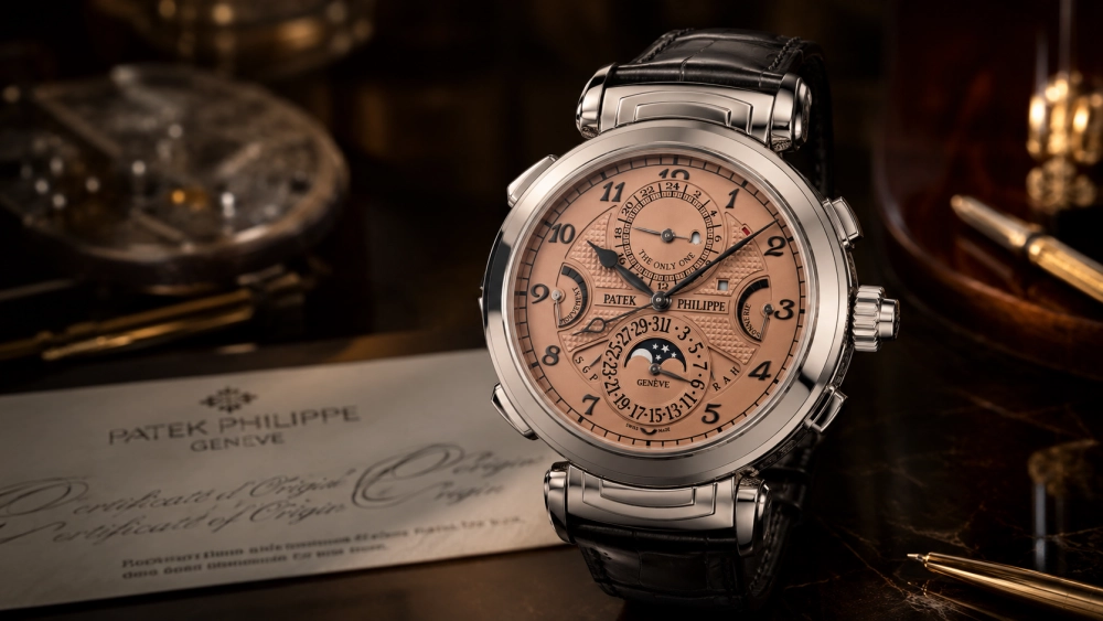 Patek Philippe Grandmaster Chime Ref. 6300A-010 model 20 komplikasyonlu saat, somon renkli çok göstergeli kadranı, ay fazı göstergesi ve parlak metal kasası ile siyah timsah derisi kayışı önde, arkasında Patek Philippe Menşe Sertifikası ve lüks bir masada duran altın rengi kalemlerle birlikte, açık artırmada satılan en pahalı saat olarak sergileniyor.