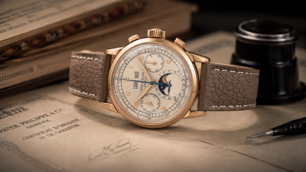 Patek Philippe Ref. 2499 birinci seri pembe altın kronograf saat, krem rengi kadranı, ay fazı göstergesi ve kahverengi dokulu deri kayışıyla, üzerinde Patek Philippe logosunun yer aldığı eski bir garanti belgesi üzerinde zarifçe sergileniyor ve yaklaşan bir müzayede için önemini vurguluyor.
