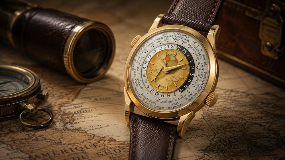 Altın kasalı, kahverengi deri kayışlı ve üzerinde harita detaylı bir Patek Philippe Ref. 2523 dünya saati, kadranındaki Amerika haritası ve sergilendiği eski Güney Amerika haritasıyla dikkat çekiyor; arka planda pusula ve dürbün görülüyor.