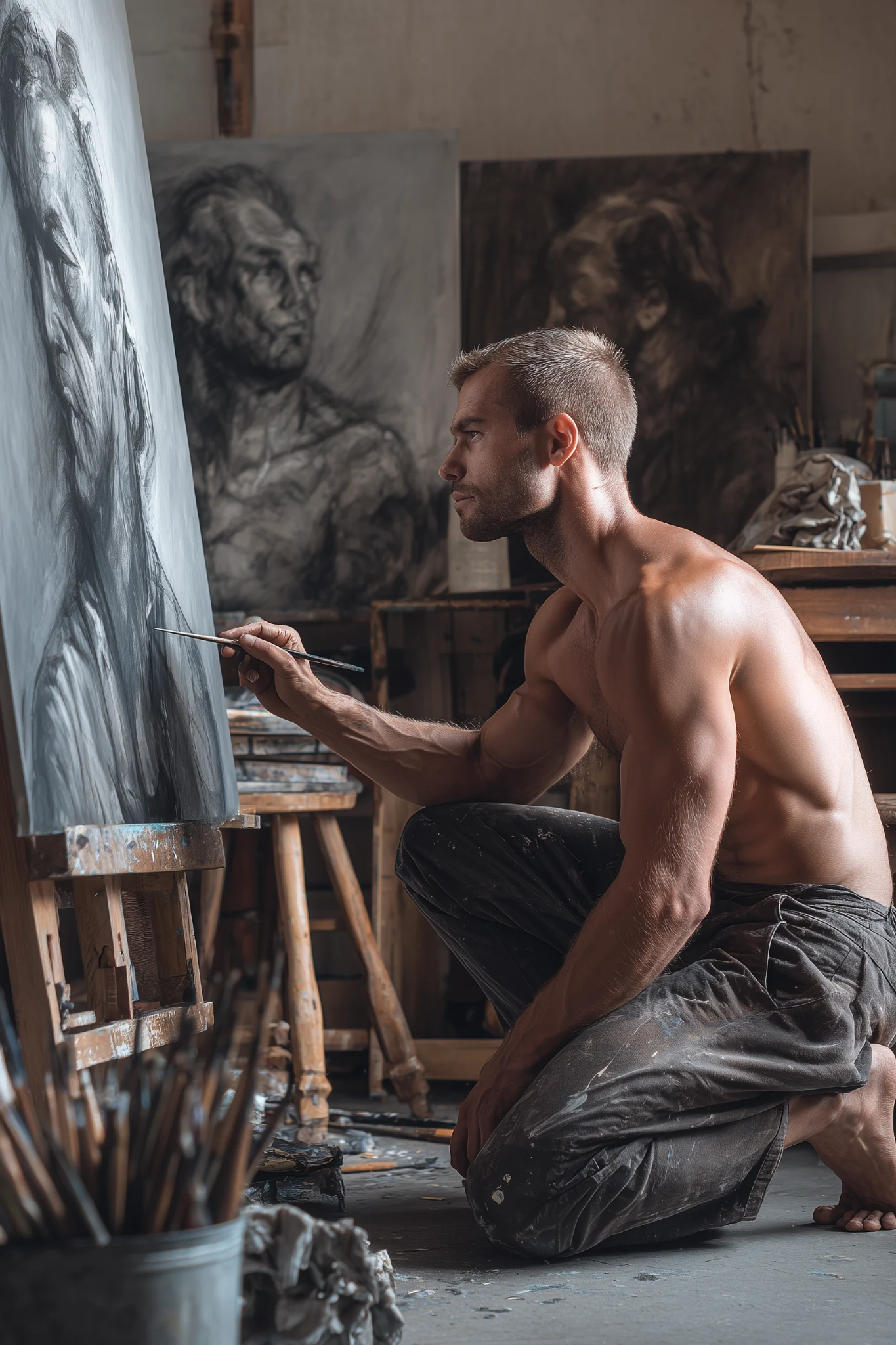 Sanat atölyesinde tuval üzerinde çalışan kaslı erkek sanatçı; figüratif resim, yaratıcı süreç ve maskülen estetik.