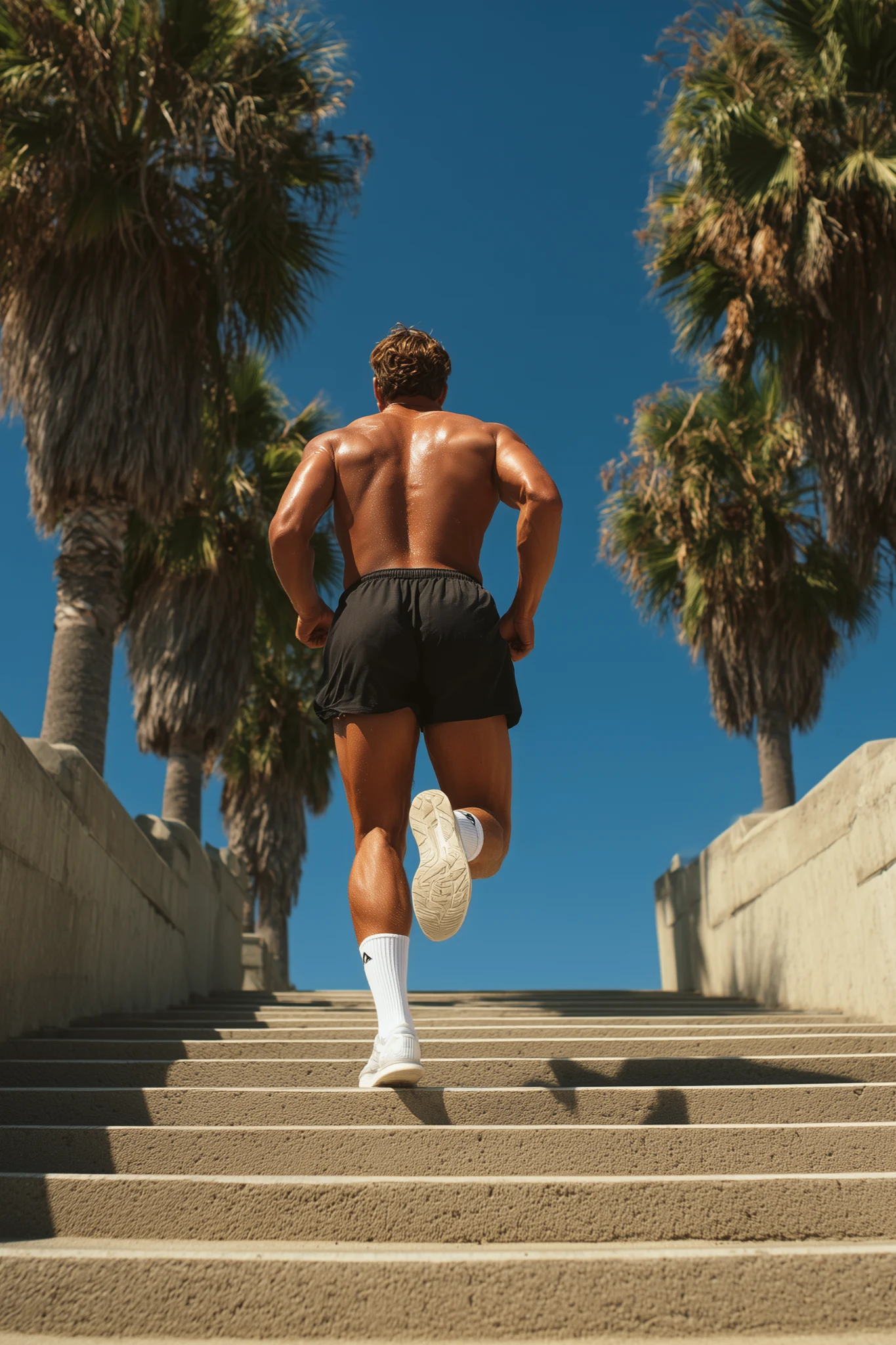 Palmiyelerle çevrili merdivenlerde koşan atletik erkek figürü; yaz ışığında outdoor spor, fitness ve aktif yaşam teması.
