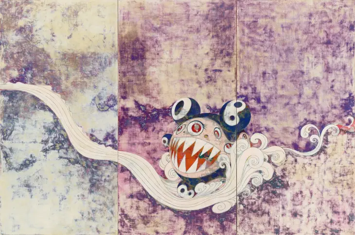 Takashi Murakami’nin Mr. DOB karakterini geleneksel Japon paravan estetiğiyle birleştirdiği eseri. Soyut arka plan ve dinamik çizgiler, sanatçının doğu ve batı kültürünü harmanlayan tarzını yansıtıyor.