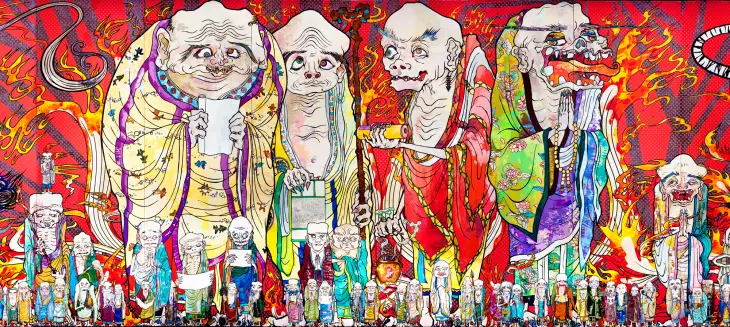 Takashi Murakami’nin Budist ikonografiden ilham alan, detaylarla bezeli büyük ölçekli figüratif eseri. Geleneksel Japon sanatını modern pop estetikle buluşturan çarpıcı bir kompozisyon.