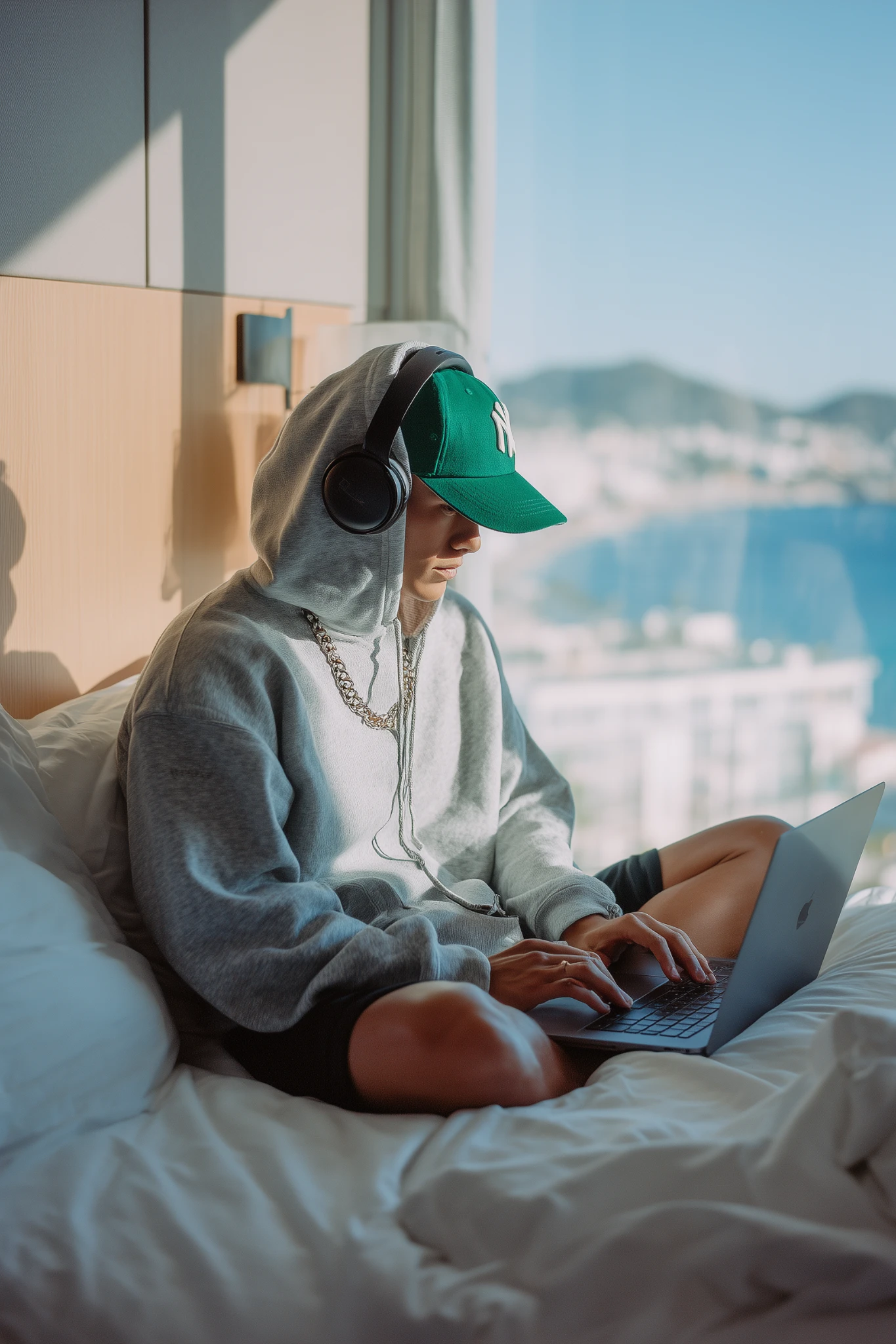 Gün ışığı alan bir otel odasında yatakta dizüstü bilgisayarıyla çalışan erkek; gri hoodie, yeşil şapka ve kulaklıkla modern uzaktan çalışma lifestyle sahnesi.