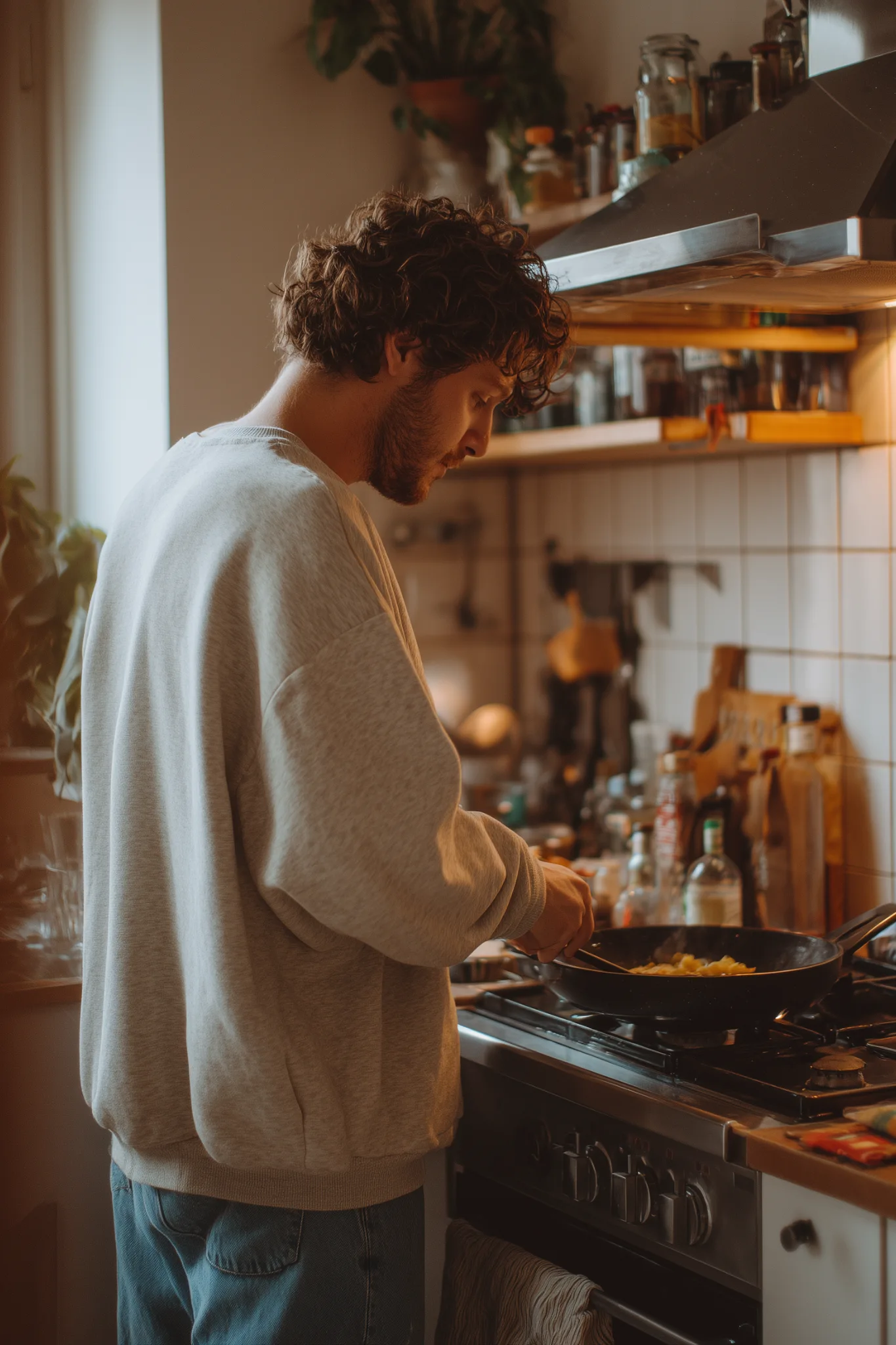 Ev mutfağında yemek hazırlayan erkek; sıcak ışık, casual sweatshirt ve ev yaşamına odaklanan modern lifestyle sahnesi.