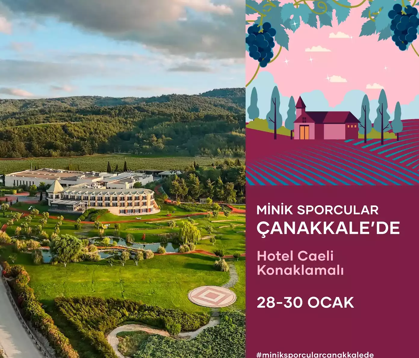 28-30 Ocak'ta düzenlenecek Minik Sporcular Çanakkale'de etkinliğinin tanıtımı. Ev sahibi Hotel Caeli'nin yemyeşil arazisinin ve üzüm bağlarının havadan çekilmiş fotoğrafını gösteriyor.