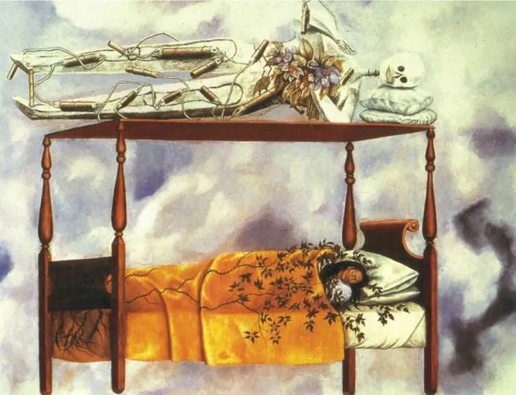 Frida Kahlo’nun “The Dream (El Sueño)” adlı tablosu; yatakta yatan sanatçının üstünde, iskelet ve patlayıcılarla dolu bir sembolik figür yer alıyor. Ölüm ve yaşamın bir aradalığını sorgulayan sürrealist bir sahne.