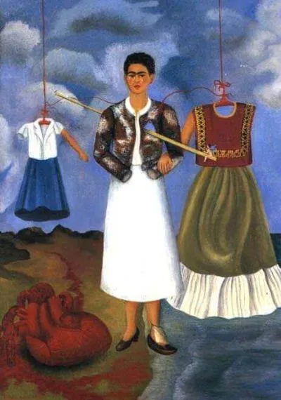 Frida Kahlo'nun 1937 tarihli “Anı, Kalp” eserinde, göğsünden geçen metal bir çubuk, parçalanmış kalbi vücudunun dışına taşır. Sanatçı, kumsalda bir ayağı kara, bir ayağı denizde, yanında iki farklı kıyafet ve kanlar içinde betimlenerek aşk, kimlik ve acı üçgenini çarpıcı bir dille ortaya koyar.