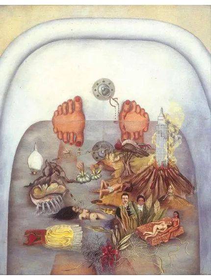 Frida Kahlo’nun 1938 tarihli “Suyun Bana Verdiği” eserinde, bir küvetin içinde yatan ayakların etrafında çeşitli sembolik imgeler—doğa, ölüm, aşk, şehir hayatı ve çocukluk—su yüzeyinde yüzer. Eser, Frida’nın bilinçaltını ve travmalarını yansıtan sürrealist bir otoportre niteliğindedir.