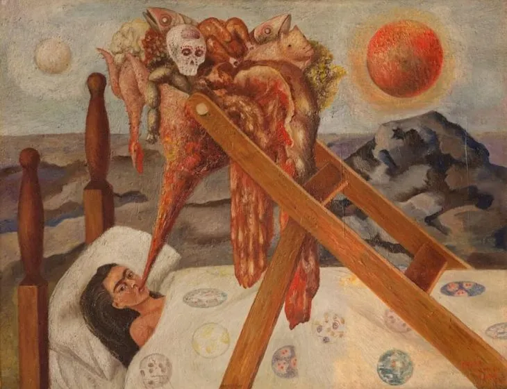Frida Kahlo’nun 1945 tarihli “Umut Olmadan” adlı eserinde, yatağında hareketsiz yatan sanatçının ağzından grotesk ve kanlı yemek imgeleri fışkırır. Hayvan uzuvları, kafatasları ve çürümüş etler; zorla beslenme ve fiziksel acıların sembolü olarak resmedilmiştir.