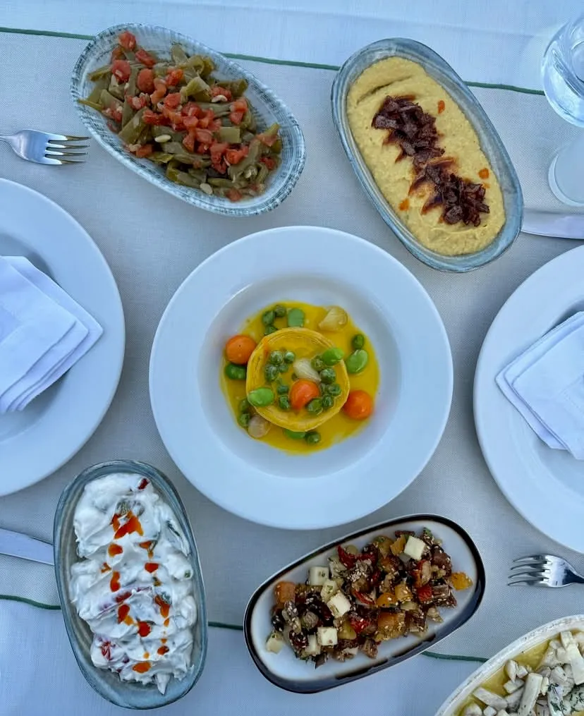 Ida Costa Assos restoranında sunulan Ege mezeleri, humus, zeytinyağlı fasulye ve yaratıcı tabak sunumları