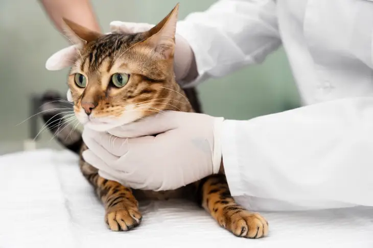 Veteriner kontrolündeki Bengal cinsi bir kedi, kısırlaştırma muayenesi sırasında sakinleştirilmeye çalışılıyor.