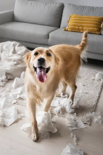 Evdeki koltuğun yanında yaramazlık yapmış gibi bakan mutlu Golden Retriever, etrafa saçılmış yastık pamukları arasında duruyor.