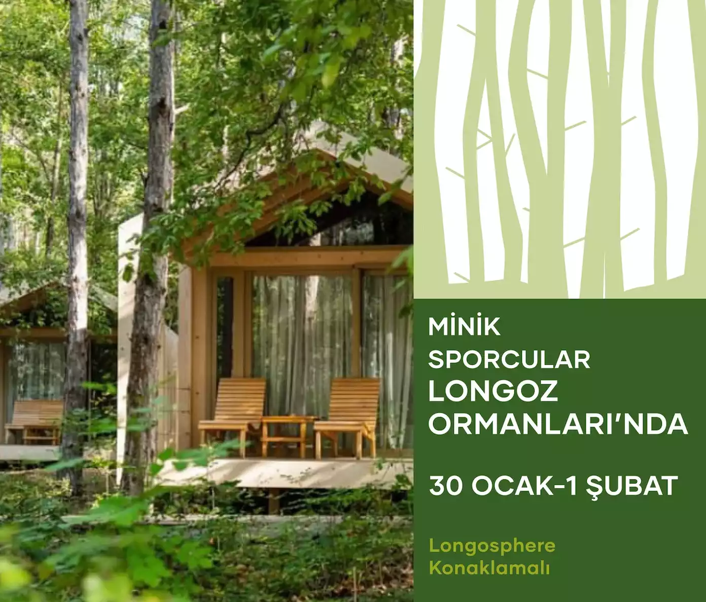 Yemyeşil Longoz Ormanları'nın içinde yer alan Longosphere konaklama evleri. 'Minik Sporcular' etkinliğine özel, verandalarında ahşap sandalyeler bulunan bu kabinler doğayla iç içe bir deneyim sunar.